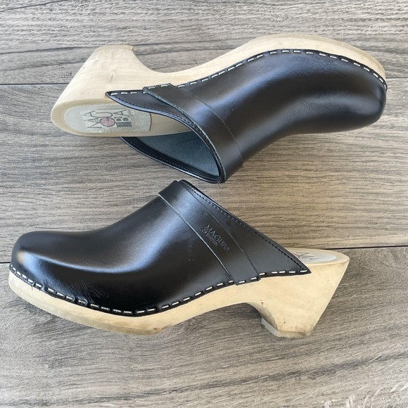 Maguba Sweden Clogs Women 9.5 EU 40 Black Leather Wooden Heel Platform Slip On - Picture 11 of 15